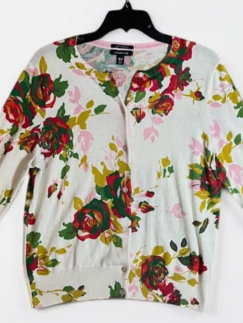 Lands End Womens Cardigan Medium Petite 10-12 Floral Sweater 100% Supima Cotton